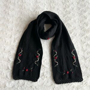 Wool Scarf Womens Black Rectangle Roses Floral Knit Cottagecore Flower Garden